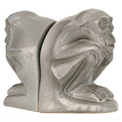Jan Schonk Pair of Ceramic Bookends Depicting Monkeys, Dutch Art Deco