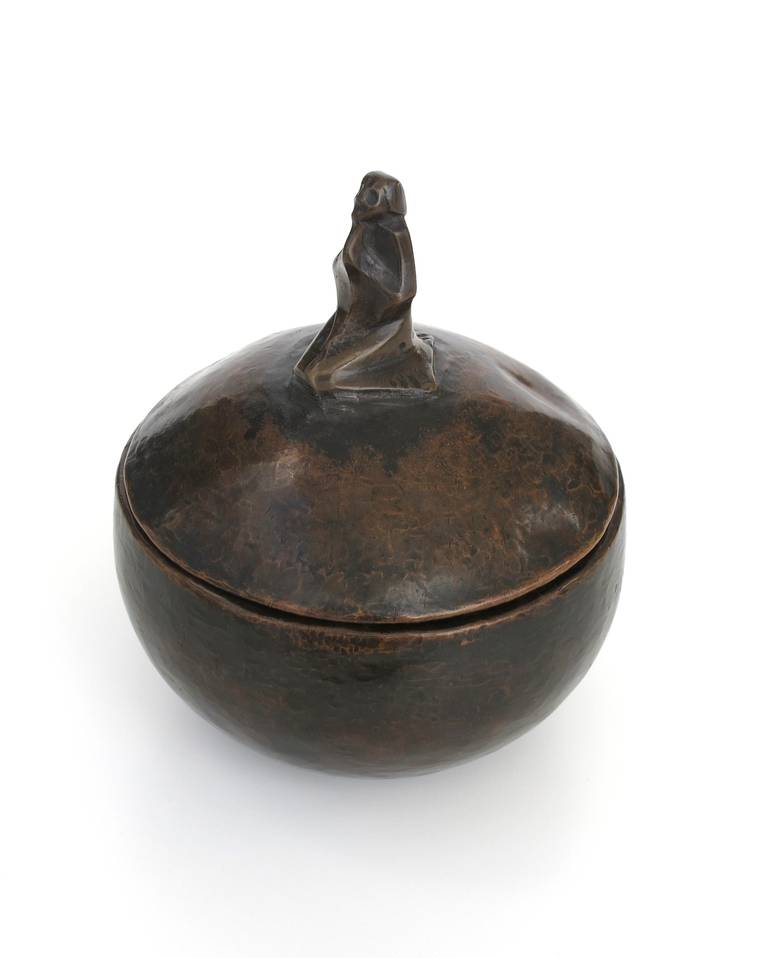 Cris Agterberg Elegant Art Deco Copper Lidded Pot with Kneeling Figure 1