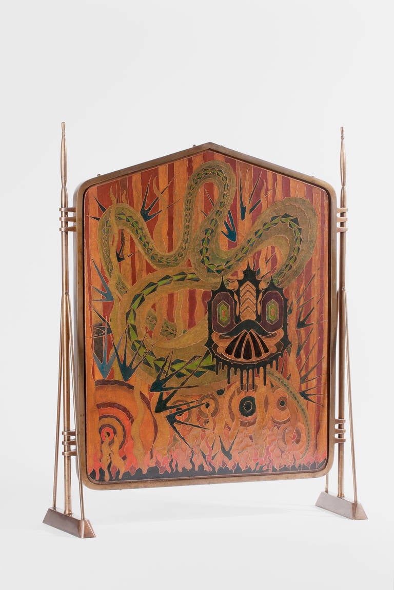 This unique Amsterdam School fireplace screen is a stunning example of exoticism in the Dutch Art Deco. The panel shows a dragon in a expressionistic, whimsical and yet a stylized idiom. It is a colorful fusion between a snake and a dragon. The