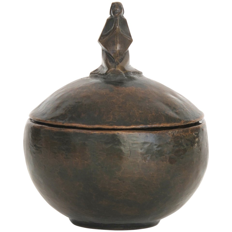 Cris Agterberg Elegant Art Deco Copper Lidded Pot with Kneeling Figure