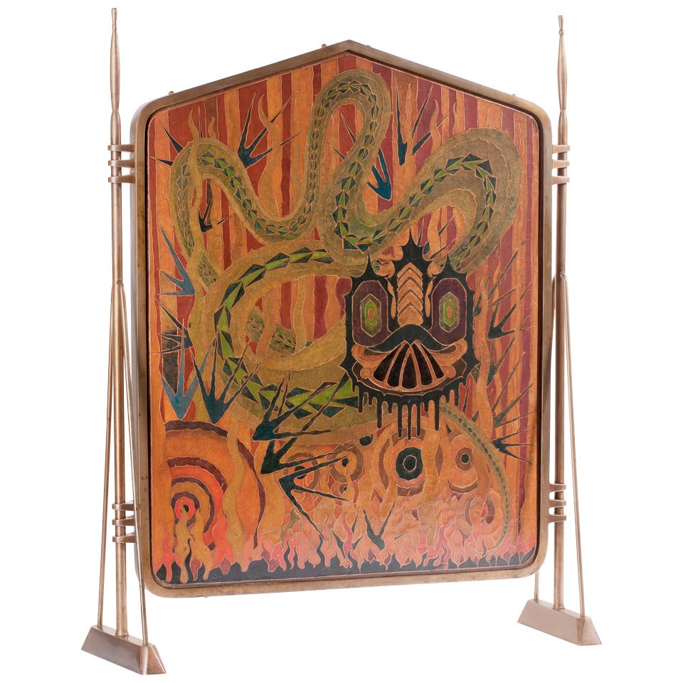 Unique Amsterdam School Fireplace Screen with Cloisonné Panel by Marie Kuyken