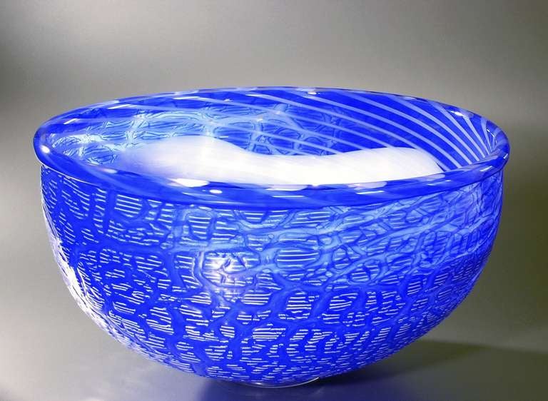 Blue Studio Glass one-off by A.D. Copier made at glass studio Oude Horn in Acquoy, 1990. For this particular piece, with threading and irregularly crazed layers, Copier collaborated with the famous master glassblower Lino Tagliapietra and Bernard
