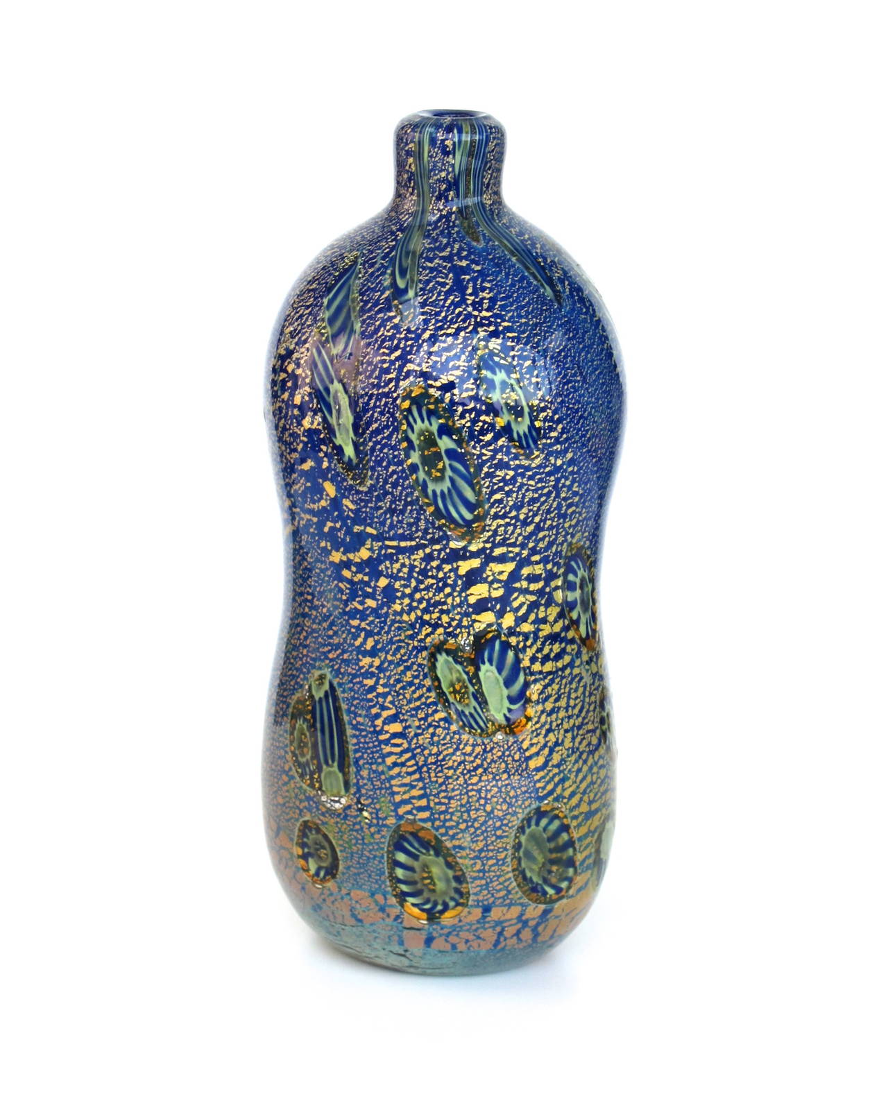 Beautiful Mid-Century Murano glass object. Peanut-shaped vase with colorful décor designed and produced by Aldo Nason (1920). The vase is made of cobalt blue tinted glass, with a beautiful asymmetric and seemingly organic pattern of yellow, green