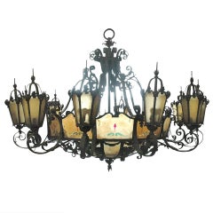 Large Bronze and Iron Theatre Chandelier Painted Mica Shades