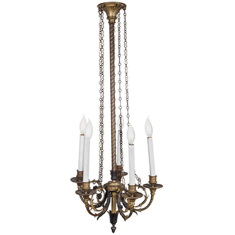 Bronze Five Candle Floral Design Chandelier with Chains For Sale at 1stDibs