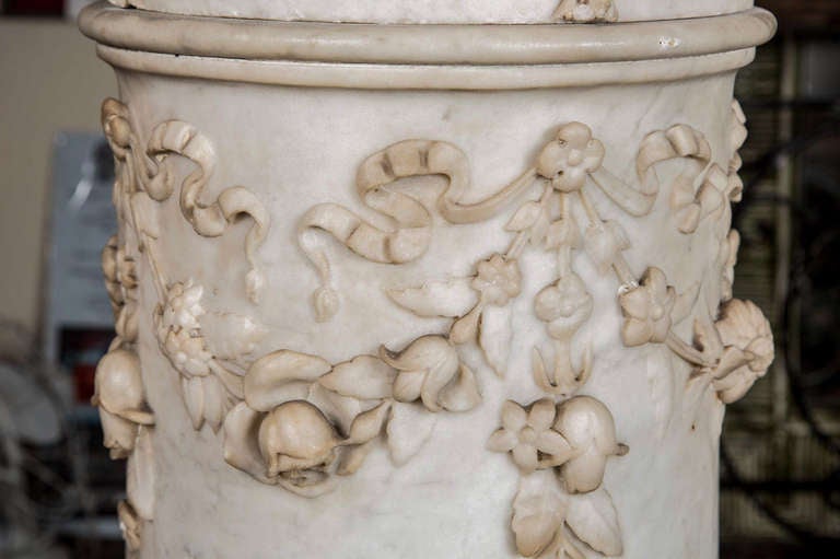 Carved Marble Column Pedestal with Ionic Capital In Excellent Condition In Los Angeles, CA