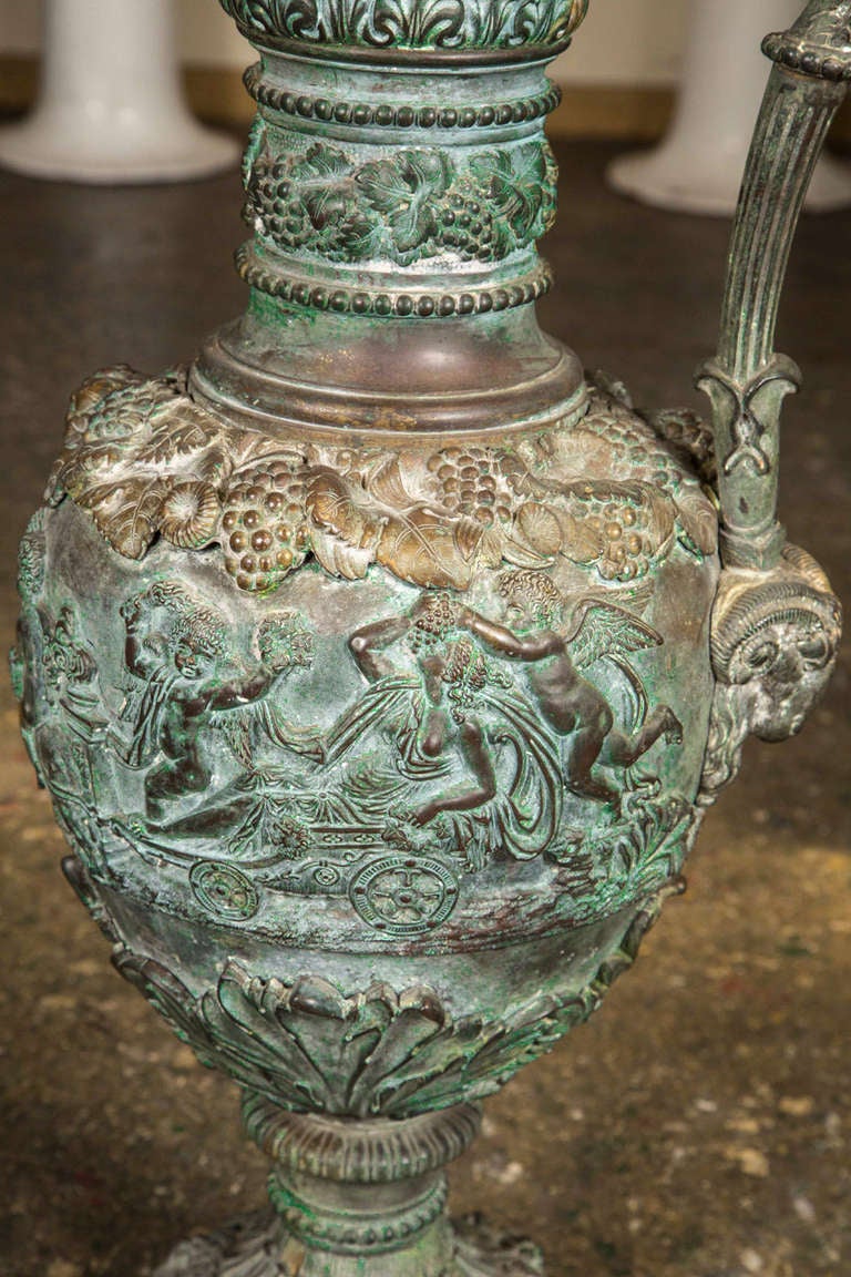 Bronze Garden Urn with Original Patina and Puti Sculpture In Excellent Condition In Los Angeles, CA