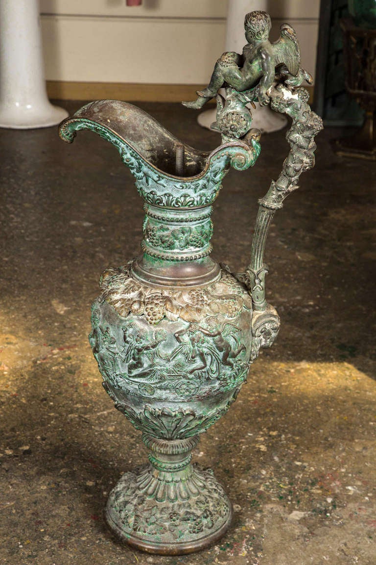 Bronze Garden Urn with Original Patina and Puti Sculpture 5