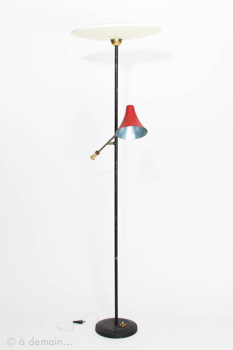 Mid-Century Modern 1950s Floor Lamp with one articulated red arm