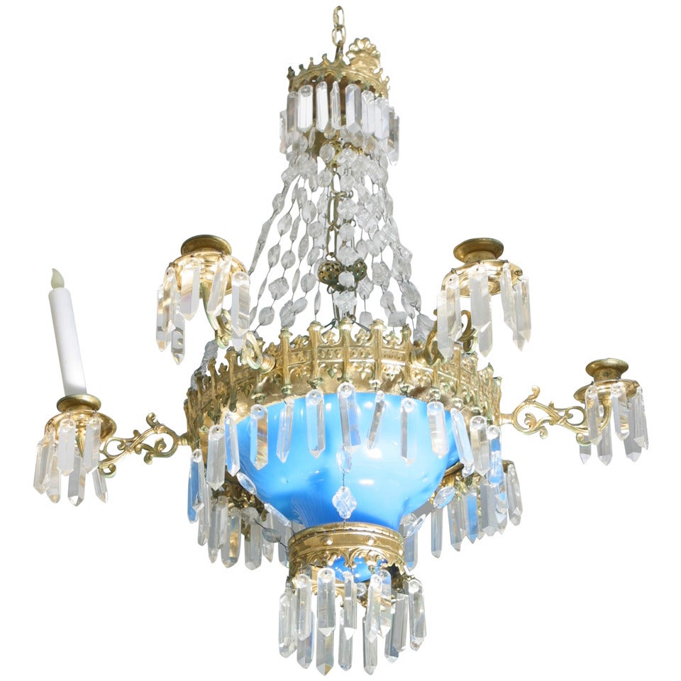 19th Century French Blue Opaline and Crystal Chandelier For Sale