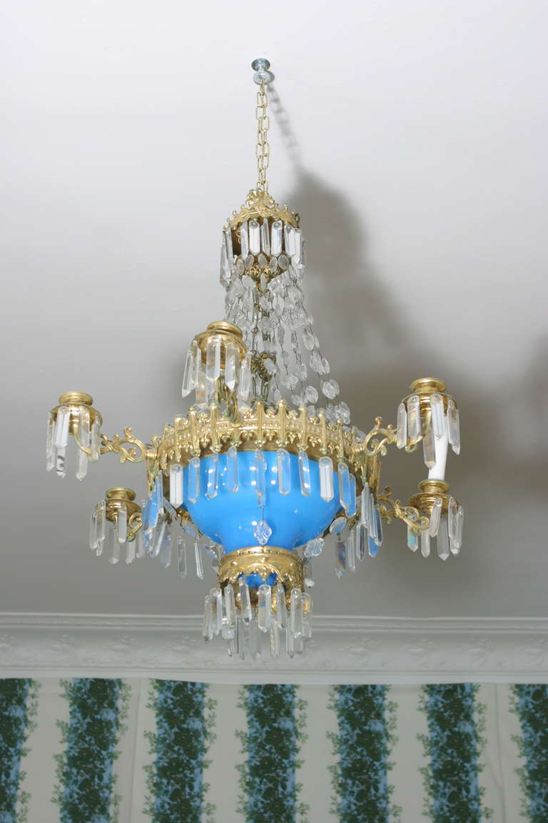 19th Century French Blue Opaline and Crystal Chandelier For Sale 1