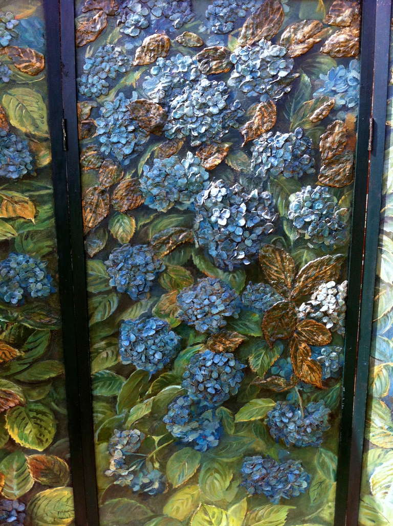 19th Century Madeleine Lemaire Exceptional Blue Hydrangeas Three Leaf Screen For Sale