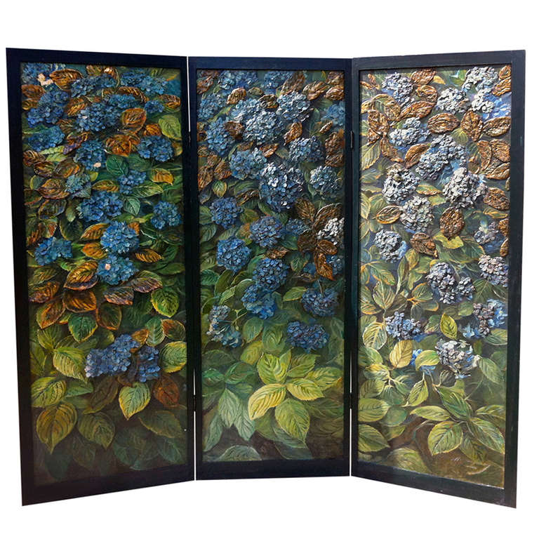 Madeleine Lemaire Exceptional Blue Hydrangeas Three Leaf Screen For Sale