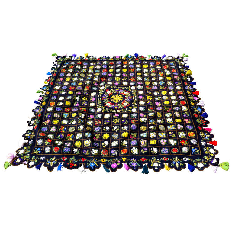 Exceptional 19th Century Table Throw Fully Embroidered In Vivid Colors For Sale