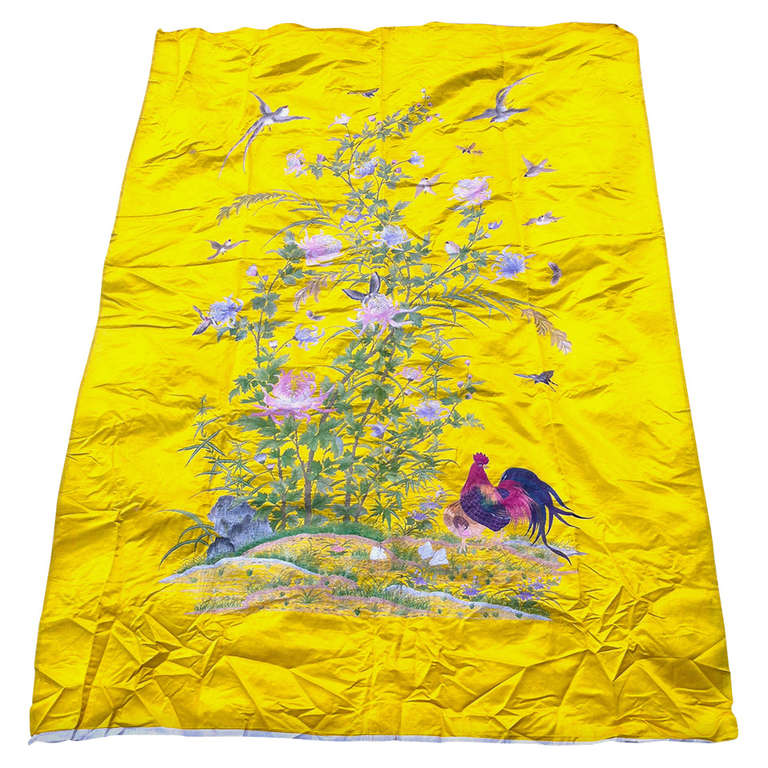 19th Century Magnificent Mandarin Yellow Embroidered Silk Panel For Sale