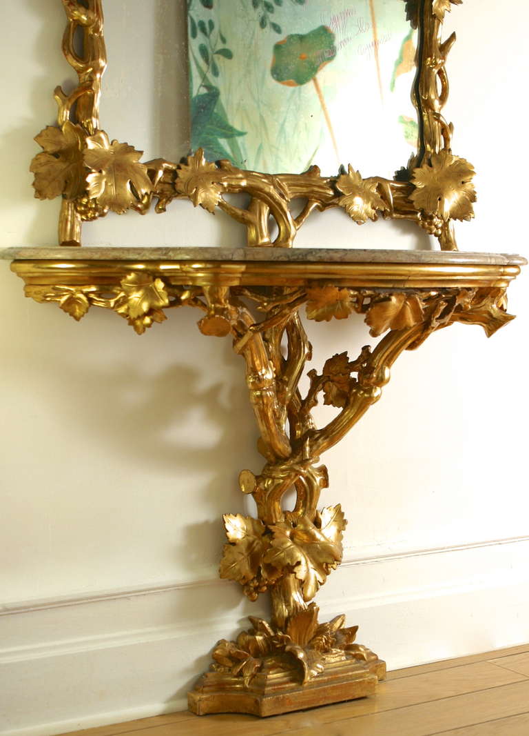 19th Century Italian rare Grapevine Gilt Wood Console and Its Mirror, Part of a Pair
