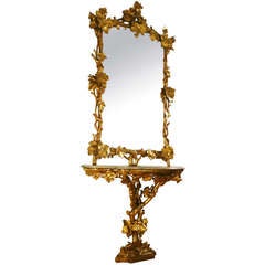 Antique 19th Century Italian rare Grapevine Gilt Wood Console and Its Mirror, Part of a Pair