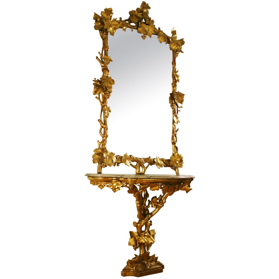 19th Century Italian rare Grapevine Gilt Wood Console and Its Mirror, Part of a Pair For Sale
