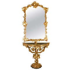 19th Century Italian Rare Gilt Wood Grape-Vine Console and Its Mirror, Part of a Pair