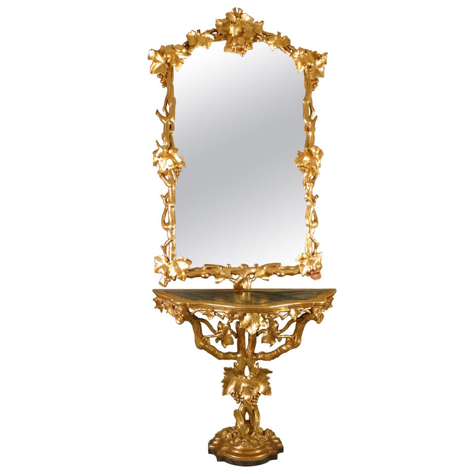 19th Century Italian Rare Gilt Wood Grape-Vine Console and Its Mirror, Part of a Pair For Sale