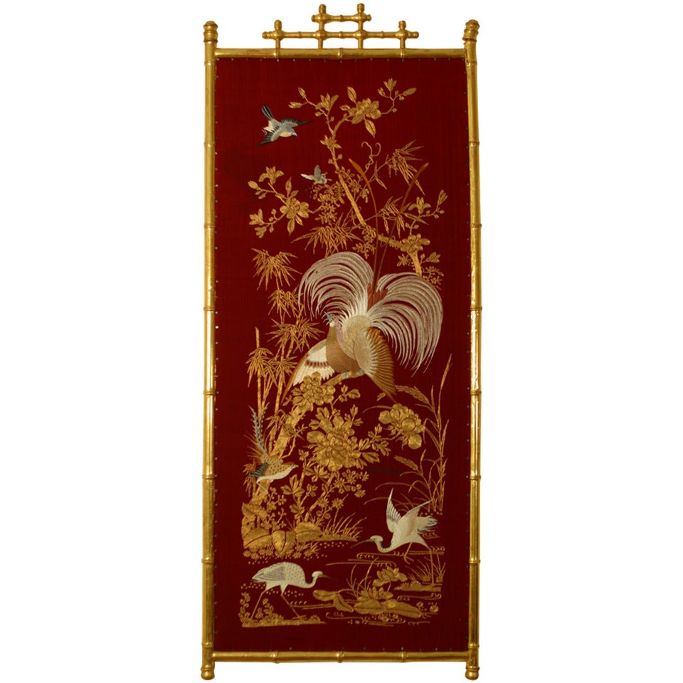 19th Century Set of Four Beautifully Embroidered Chinoiserie Panels Forming Screen