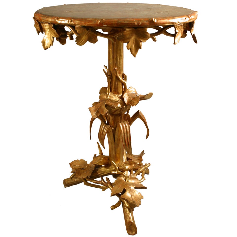 19th Century Rare Italian Gilt Wood Vine Leaf Pedestal Table For Sale