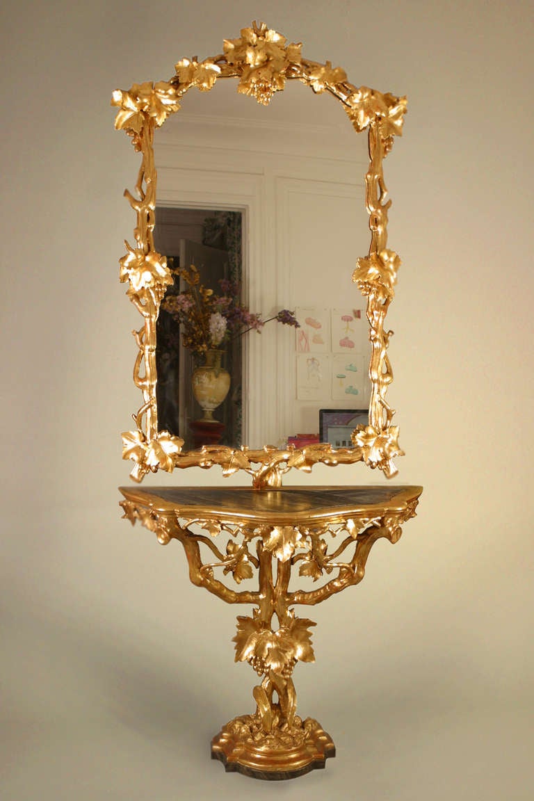 19th Century Italian Rare Gilt Wood Grape-Vine Console and Its Mirror, Part of a Pair