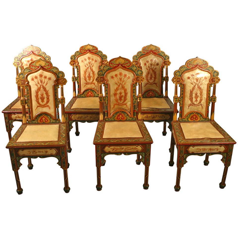 19th Century Rare Set of 6 Decorated Orientalist Chairs For Sale