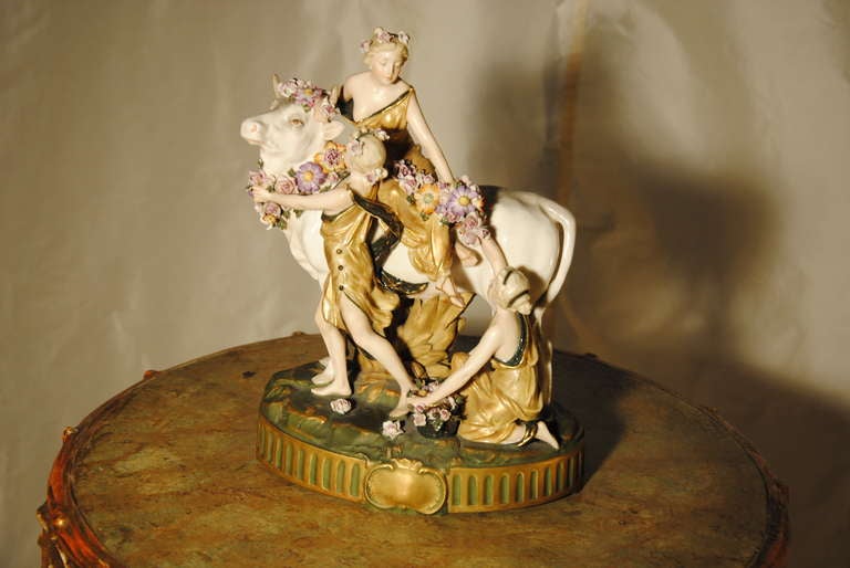 Porcelain group figuring the myth of '' Europe '', 19th c.,

Following the myth, the kidnapping of Europe, phoenician princess, by Zeus disguised as a beautiful white bull and taking her to Crete. Europe had three children with Zeus and gave her