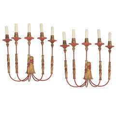 Antique Pair of Red and Gold Lacquered Sconces