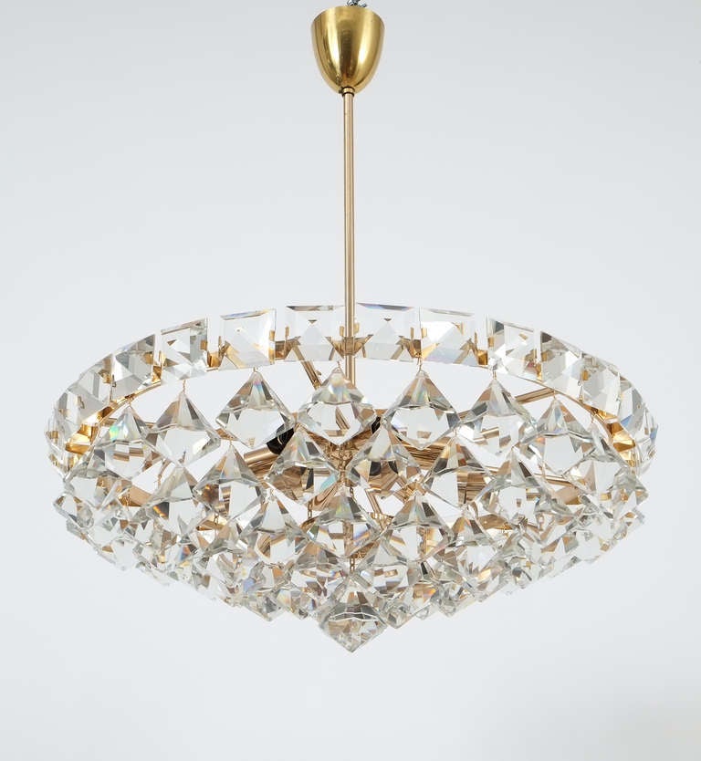 Mid-Century Modern Bakalowits & Sohne Chandelier with Pear-Shaped Crystals Gold Brass Lamp, 1960