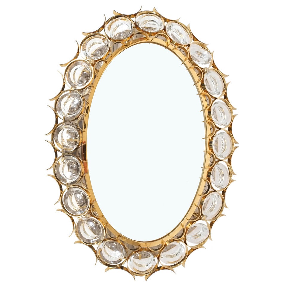 Beautiful Oval Crystal Gold Plated Brass Backlit Mirror, Palwa 1960