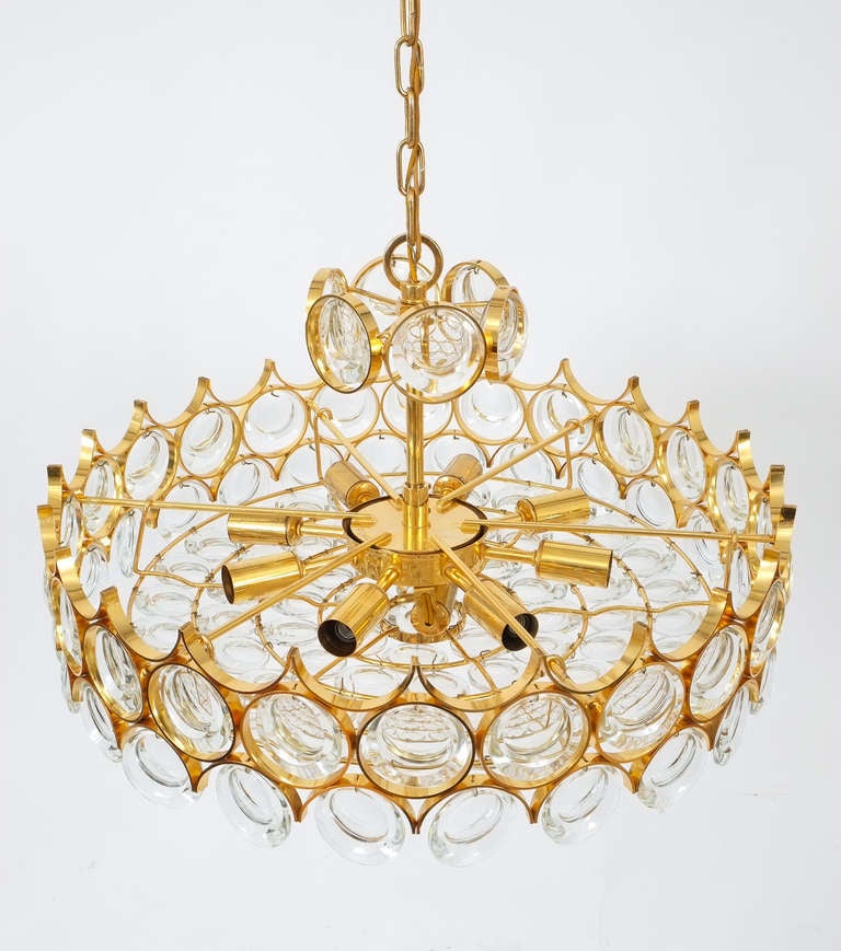 German Beautiful Gold Plated Brass and Glass Chandelier Lamp Palwa 1960 For Sale