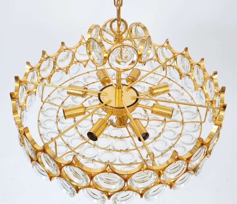 Gilt Beautiful Gold Plated Brass and Glass Chandelier Lamp Palwa 1960 For Sale