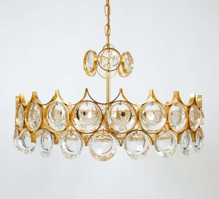 Beautiful Gold Plated Brass and Glass Chandelier Lamp Palwa 1960 For Sale 1