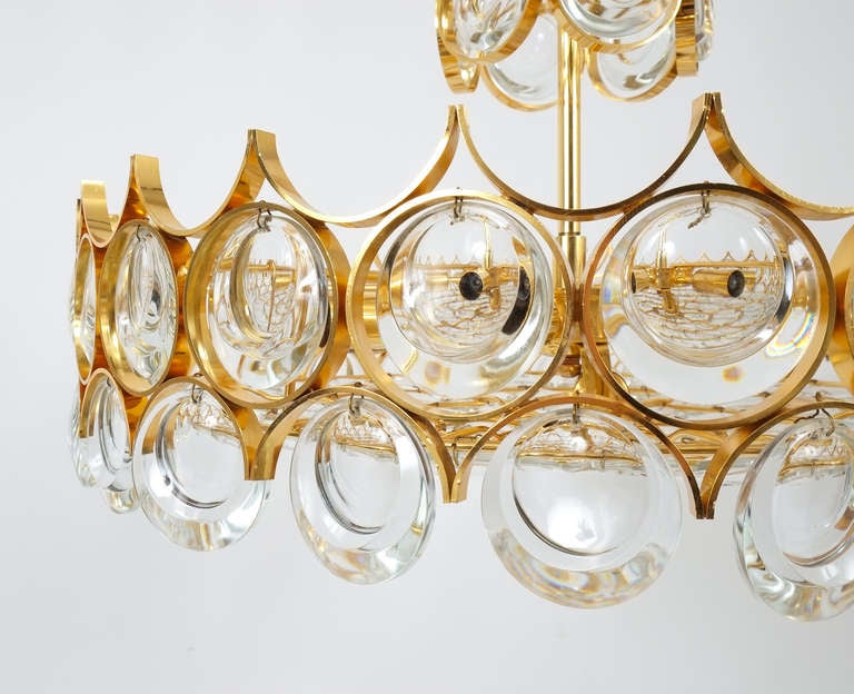 Beautiful Gold Plated Brass and Glass Chandelier Lamp Palwa 1960 For Sale 2