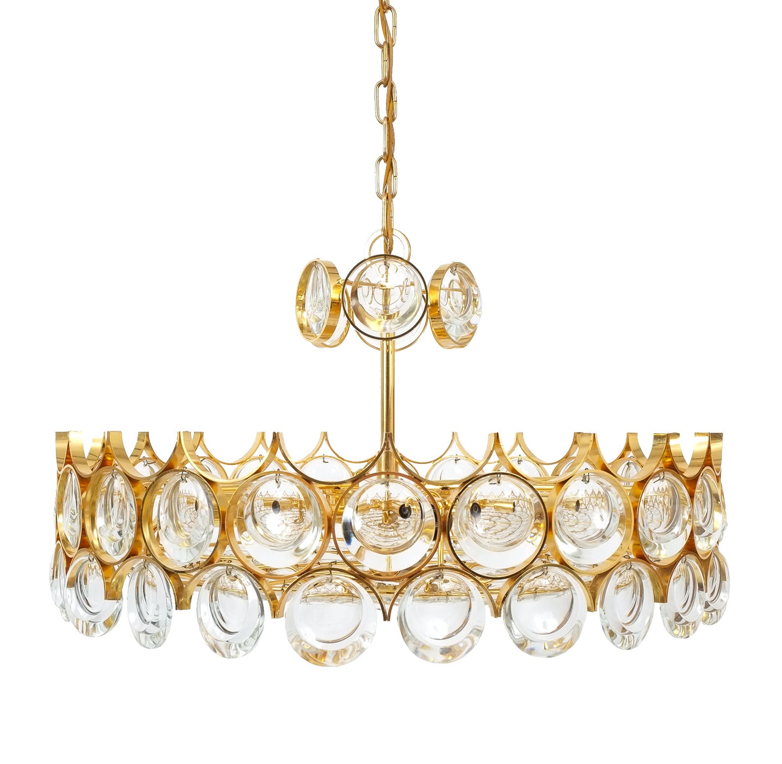 Beautiful Gold Plated Brass and Glass Chandelier Lamp Palwa 1960 For Sale