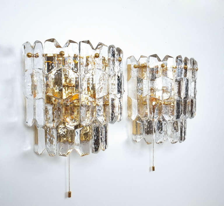 Austrian Large  J.T. Kalmar Gilded Brass Textured Glass Sconces