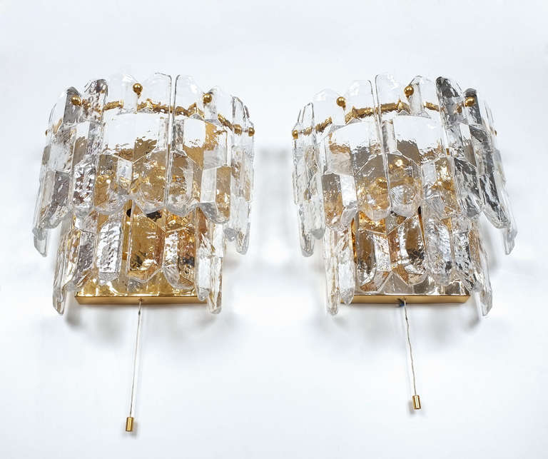 Mid-20th Century Large  J.T. Kalmar Gilded Brass Textured Glass Sconces