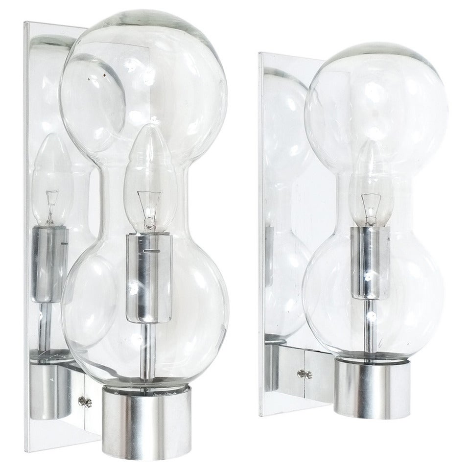 Set of Six Hourglass Shaped Clear Glass Metal Sconces, Doria Germany For Sale