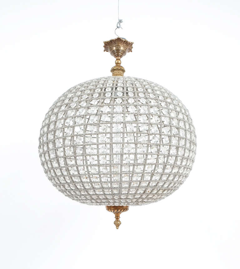 Brass Pair of Crystal Basket Ball Chandeliers
