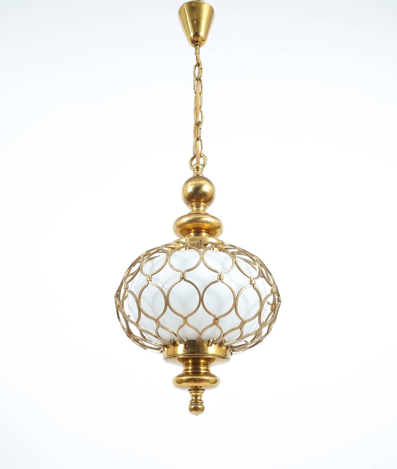 Mid-Century Modern Elegant French Caged Brass Opal Glass Pendant Lamp