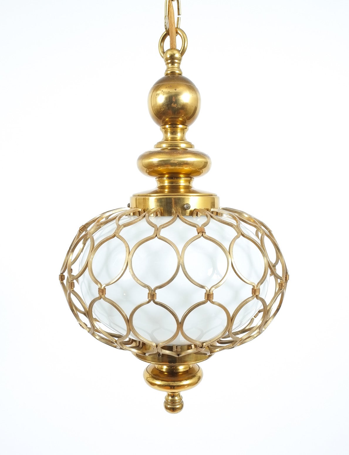 German Elegant French Caged Brass Opal Glass Pendant Lamp