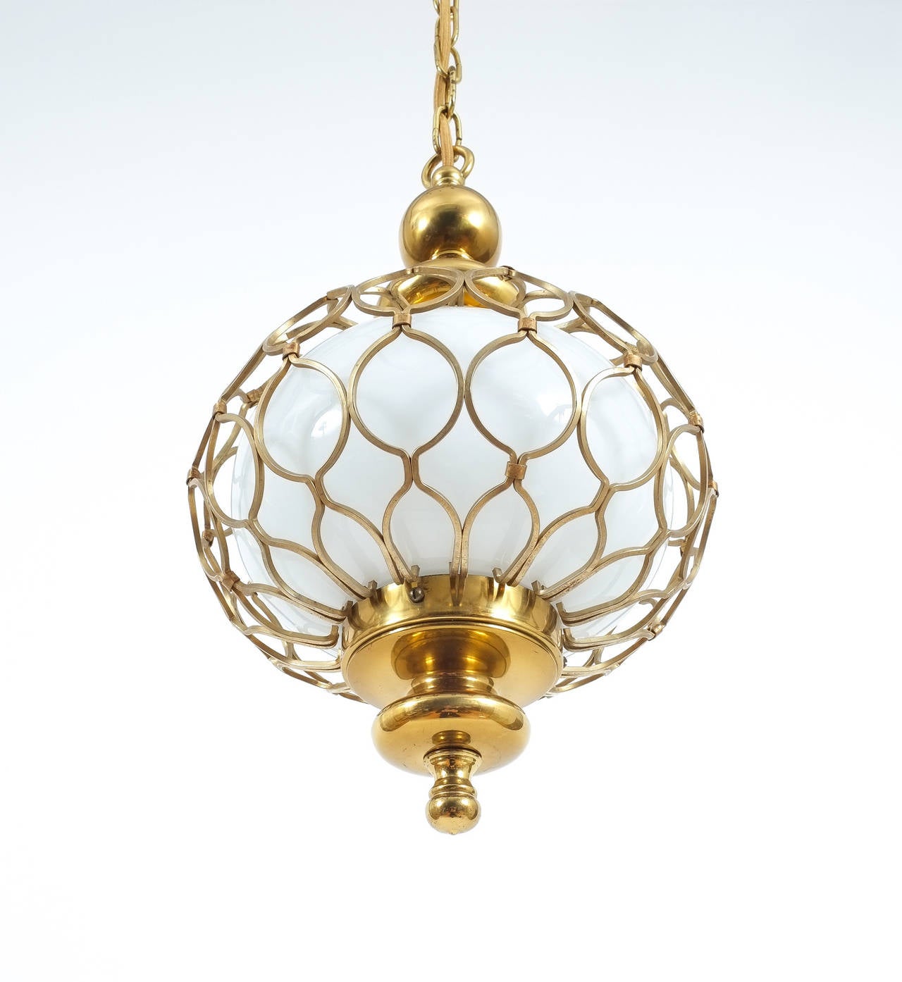 Elegant French Caged Brass Opal Glass Pendant Lamp In Excellent Condition In Vienna, AT
