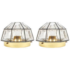 Pair ( Two ) Identical Limburg Iron Glass Flush Mounts