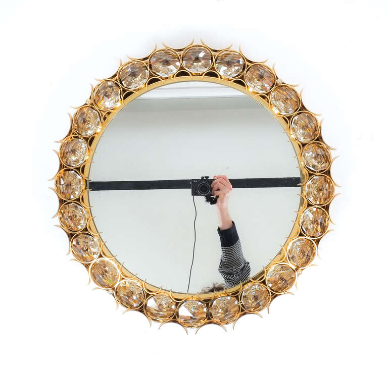 Hollywood Regency Large Palwa Gilded Brass and Crystal Glass Diamond Backlit Mirror, 1970