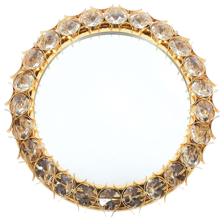 Large Palwa Gilded Brass and Crystal Glass Diamond Backlit Mirror, 1970