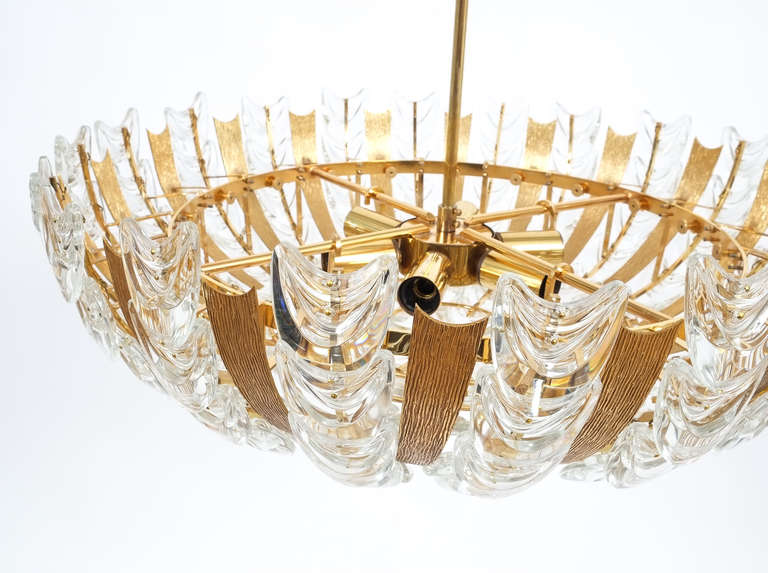 Mid-20th Century Palwa Large Gold Brass and Glass Chandelier Lamp, 1960