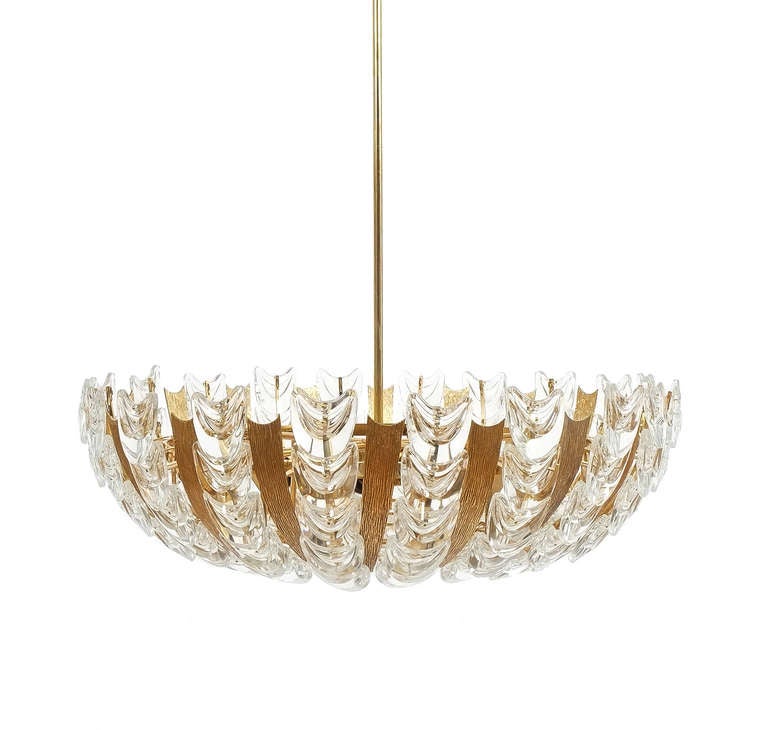 Hollywood Regency Palwa Large Gold Brass and Glass Chandelier Lamp, 1960