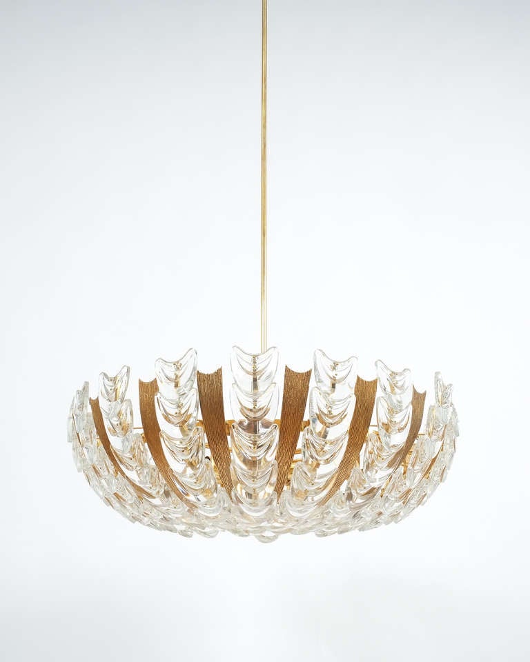 Gilt Palwa Large Gold Brass and Glass Chandelier Lamp, 1960